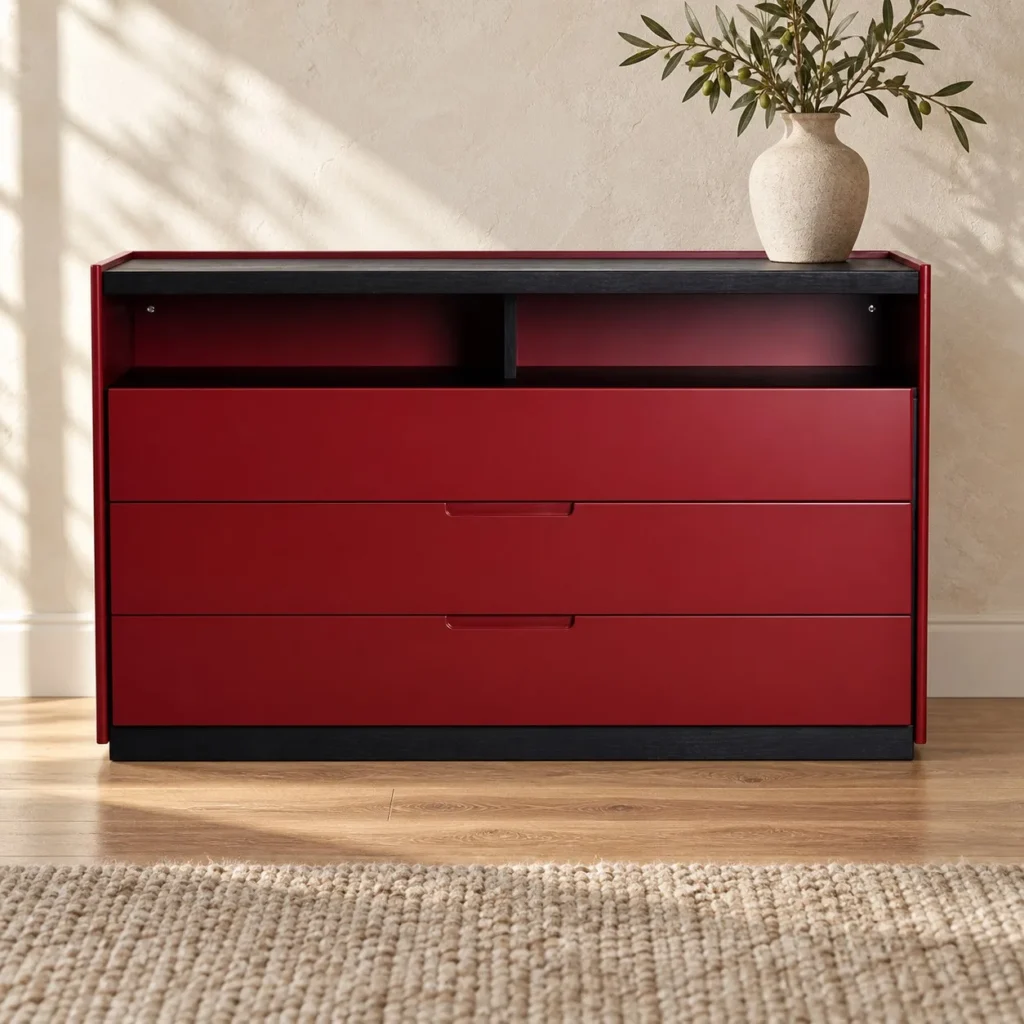 Red Lacquered Sideboard with Open Top Shelf and Drawers in red — front view
