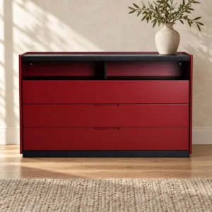 Red Lacquered Sideboard with Open Top Shelf and Drawers in red — front view