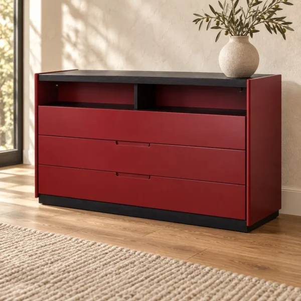 Red Lacquered Sideboard with Open Top Shelf and Drawers in red — in a room setting