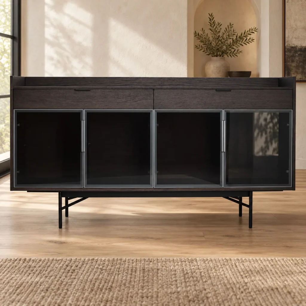 Dark Veneer Display Sideboard with Glass Doors, 185 cm in black — front view