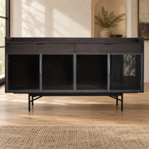 Dark Veneer Display Sideboard with Glass Doors, 185 cm in black — front view