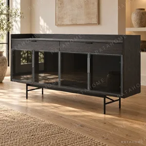 Dark Veneer Display Sideboard with Glass Doors, 185 cm in black — in a room setting