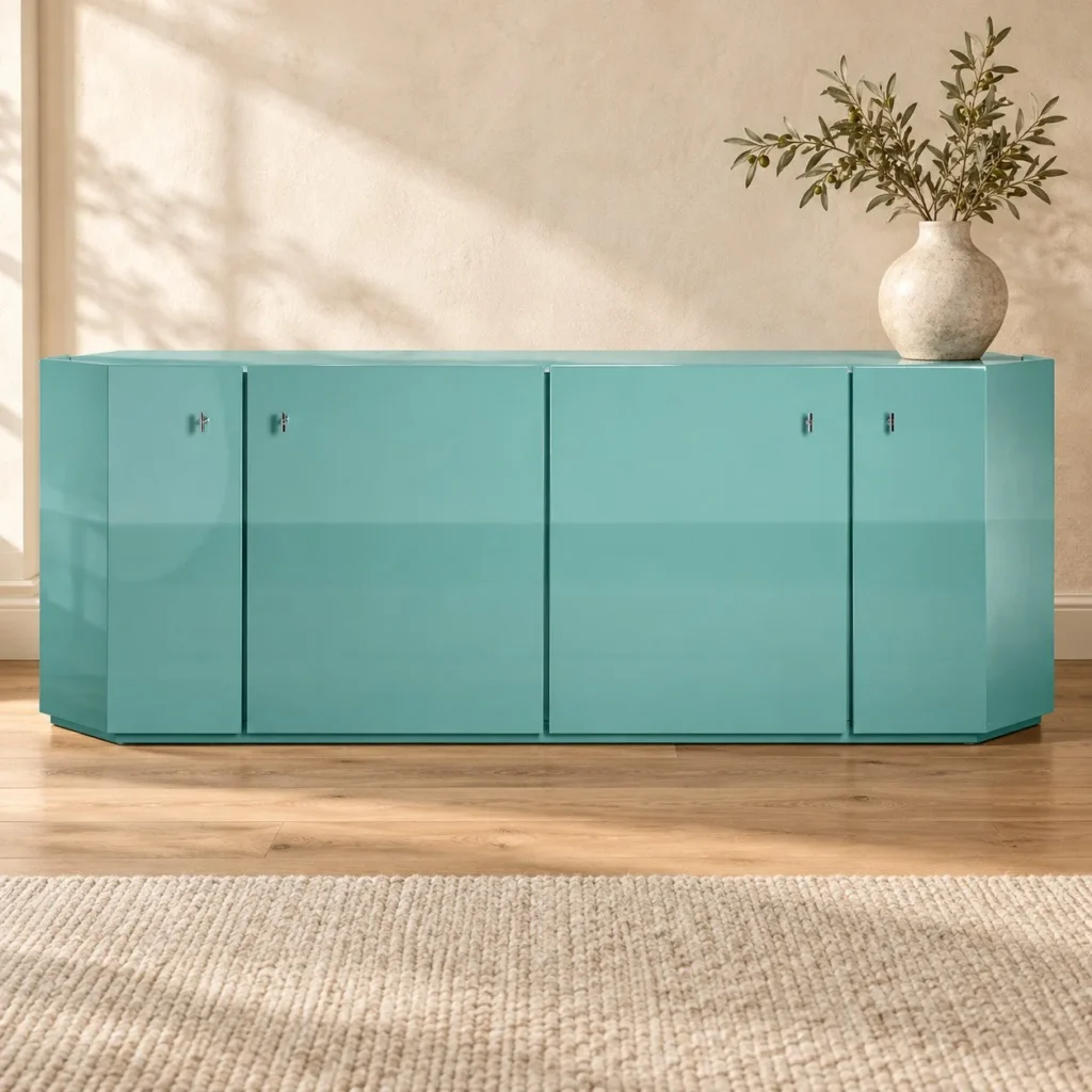 Turquoise High-Gloss Sideboard with Four Doors, 234 cm in blue — front view