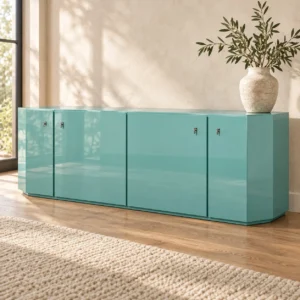 Turquoise High-Gloss Sideboard with Four Doors, 234 cm in blue — in a room setting