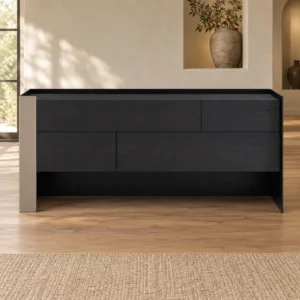 Black Veneer Sideboard with Saddle Leather Sides and Drawers in black — front view