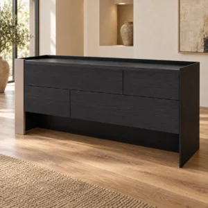 Black Veneer Sideboard with Saddle Leather Sides and Drawers in black — in a room setting
