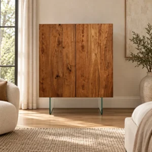 Elm Plank Door Cabinet on Clear Glass Base, 125 cm in natural oak — front view