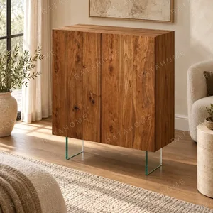 Elm Plank Door Cabinet on Clear Glass Base, 125 cm in natural oak — in a room setting