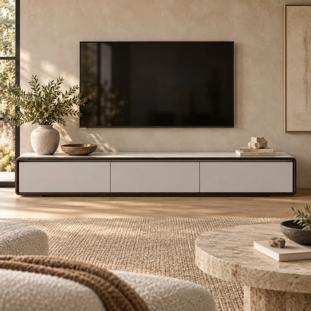 Low Grey Lacquered TV Cabinet with Dark Frame, 240 cm in slate — front view