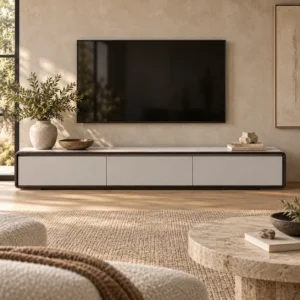 Low Grey Lacquered TV Cabinet with Dark Frame, 240 cm in slate — front view