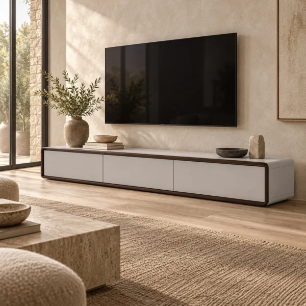 Low Grey Lacquered TV Cabinet with Dark Frame, 240 cm in slate — in a room setting