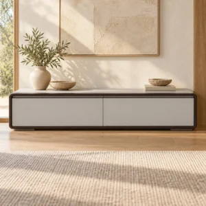 Low Grey Lacquered TV Cabinet with Dark Frame, 160 cm in slate — front view