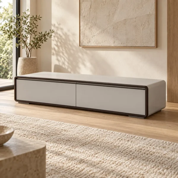 Low Grey Lacquered TV Cabinet with Dark Frame, 160 cm in slate — in a room setting