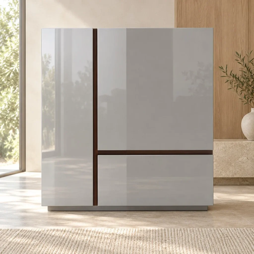Light Grey High-Gloss Cabinet with Wood Inlay Lines, 116 cm in slate — front view