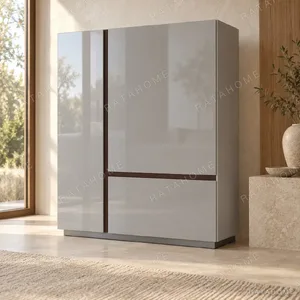 Light Grey High-Gloss Cabinet with Wood Inlay Lines, 116 cm in slate — in a room setting