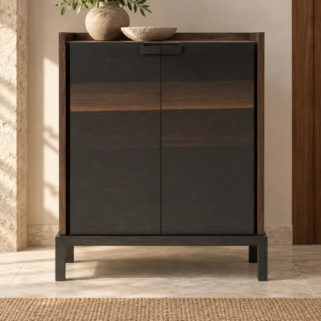 Dark Veneer Two-Door Cabinet with Grain Band on Wood Legs in black — front view