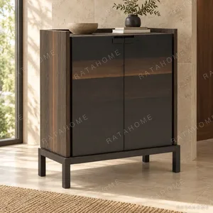 Dark Veneer Two-Door Cabinet with Grain Band on Wood Legs in black — in a room setting