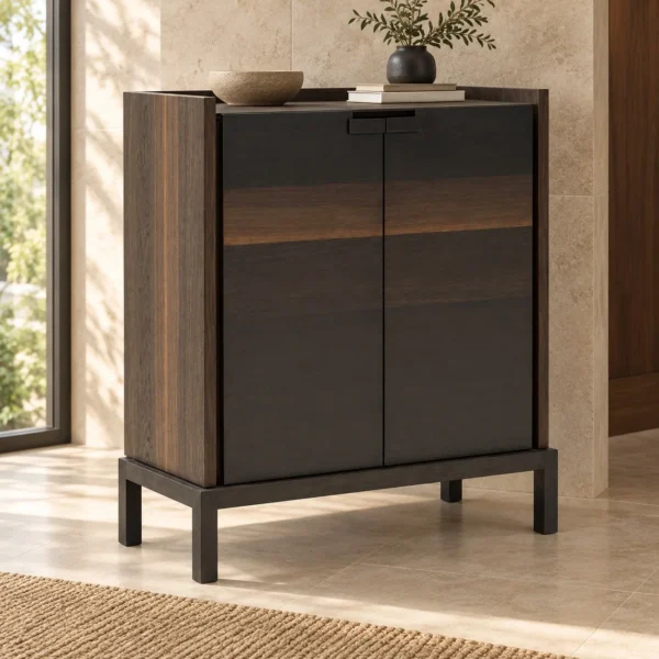 Dark Veneer Two-Door Cabinet with Grain Band on Wood Legs in black — in a room setting