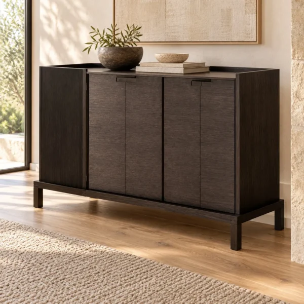 Dark Veneer Four-Door Sideboard on Slim Wood Legs, 173 cm in black — in a room setting
