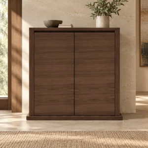 Walnut Veneer Two-Door Cabinet on Plinth Base, 100 cm in walnut — in a room setting