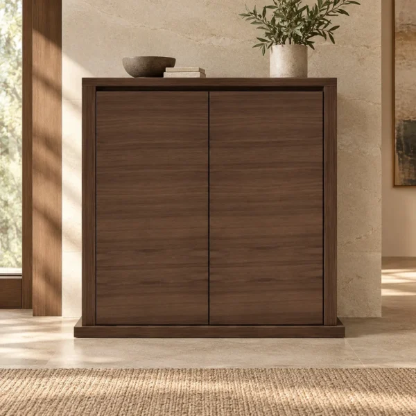 Walnut Veneer Two-Door Cabinet on Plinth Base, 100 cm in walnut — in a room setting