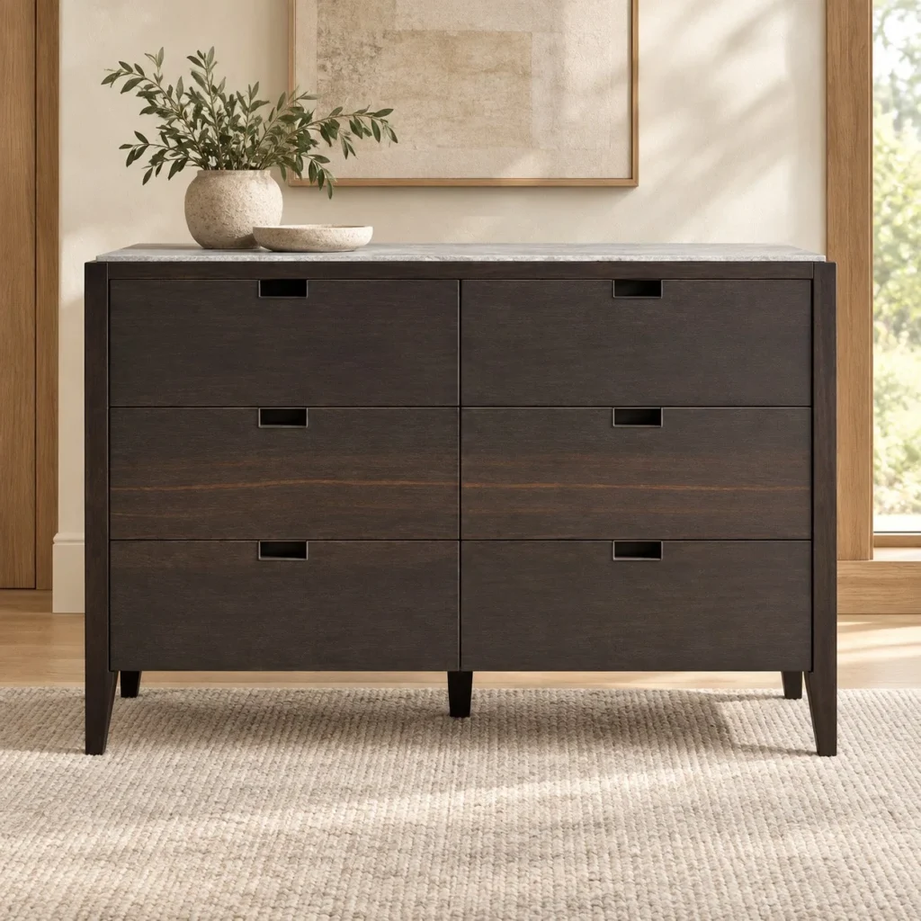 Dark Veneer Six-Drawer Chest with Marble Top on Wood Legs in black — front view