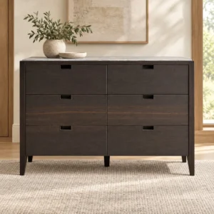 Dark Veneer Six-Drawer Chest with Marble Top on Wood Legs in black — front view