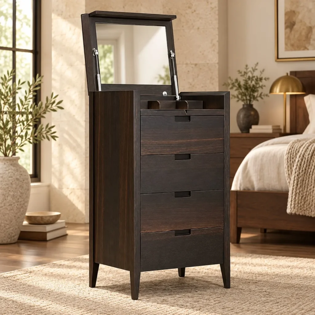 Dark Veneer Tall Chest with Lift-Up Mirror and Five Drawers in black — front view