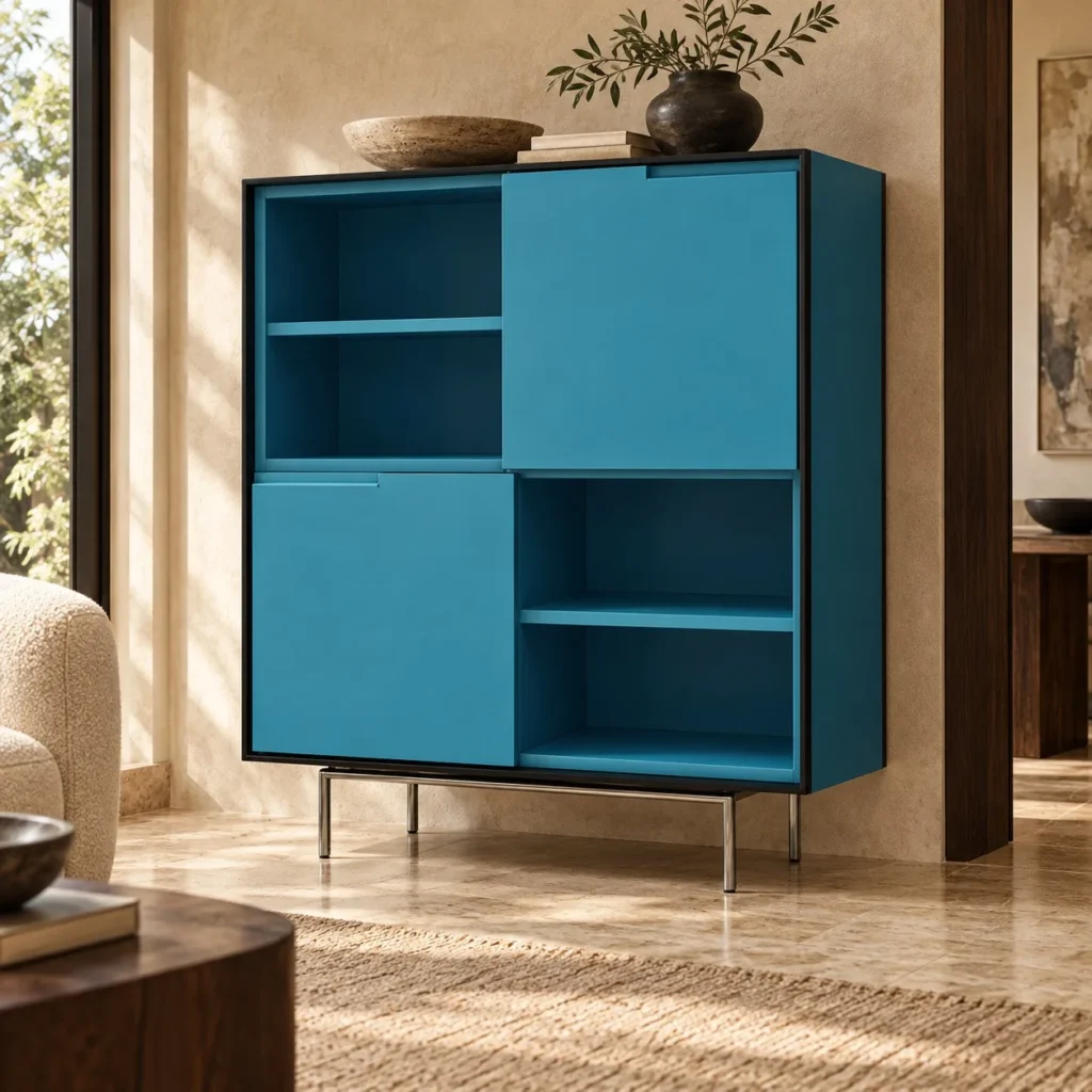 Teal Lacquered Cabinet with Open Cubbies on Metal Legs in blue — front view
