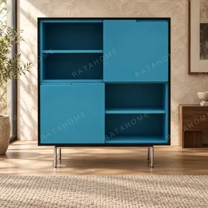 Teal Lacquered Cabinet with Open Cubbies on Metal Legs in blue — in a room setting