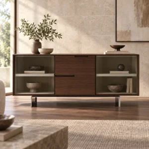 Dark Veneer Sideboard with Glass Side Doors on Metal Legs in black — front view
