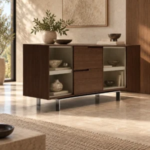 Dark Veneer Sideboard with Glass Side Doors on Metal Legs in black — in a room setting