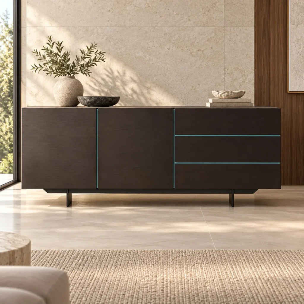 Dark Veneer Sideboard with Blue Line Inlays on Metal Legs in black — front view
