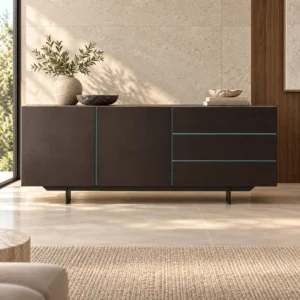Dark Veneer Sideboard with Blue Line Inlays on Metal Legs in black — front view