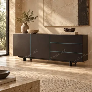 Dark Veneer Sideboard with Blue Line Inlays on Metal Legs in black — in a room setting