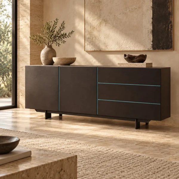 Dark Veneer Sideboard with Blue Line Inlays on Metal Legs in black — in a room setting