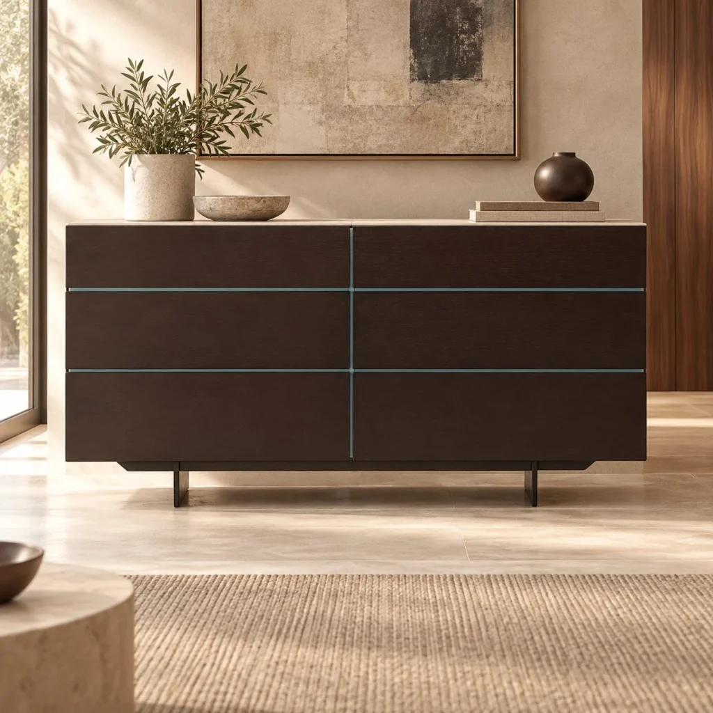 Dark Veneer Six-Drawer Sideboard with Blue Line Inlays in black — front view