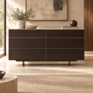 Dark Veneer Six-Drawer Sideboard with Blue Line Inlays in black — front view