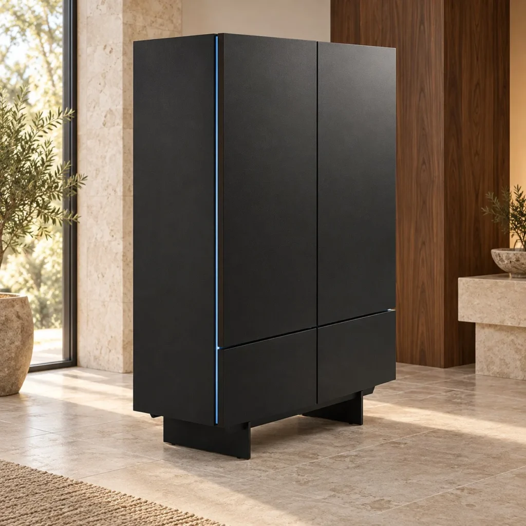 Black Tall Cabinet with Blue Line Inlays on Metal Base in black — front view