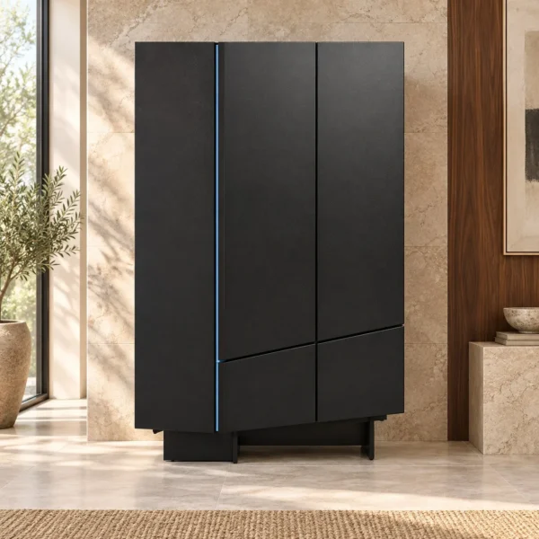 Black Tall Cabinet with Blue Line Inlays on Metal Base in black — in a room setting