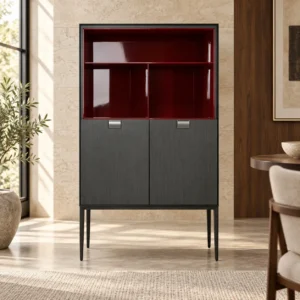Charcoal Highboard with Burgundy Gloss Display Niche, 144 cm in black — front view