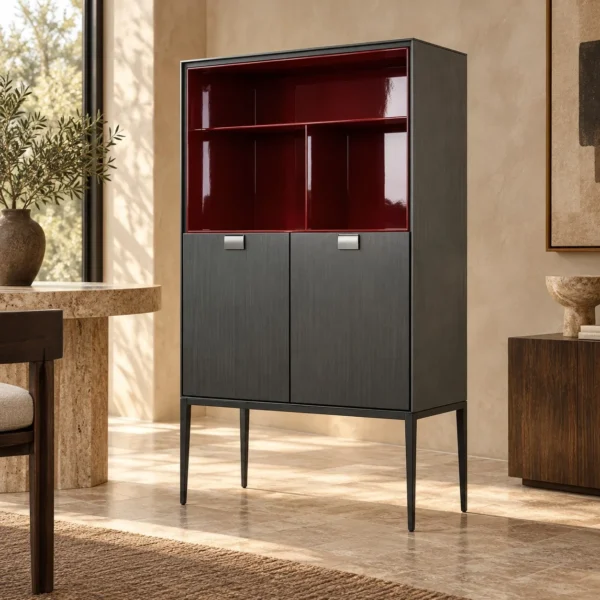 Charcoal Highboard with Burgundy Gloss Display Niche, 144 cm in black — in a room setting