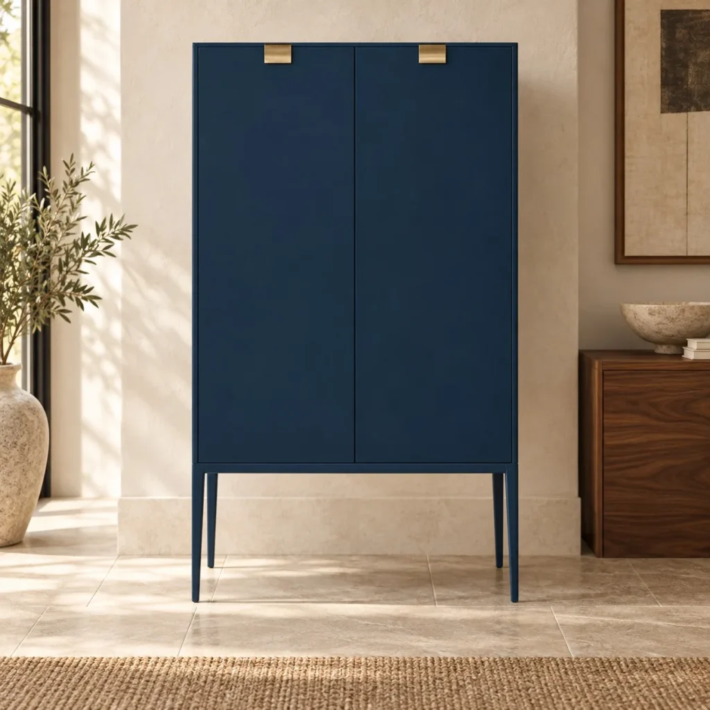 Navy Lacquered Tall Cabinet with Brass Pulls on Metal Legs in blue — front view