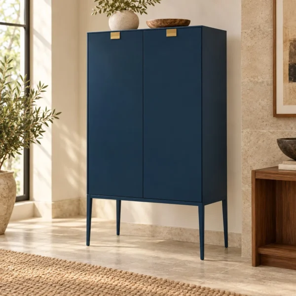 Navy Lacquered Tall Cabinet with Brass Pulls on Metal Legs in blue — in a room setting
