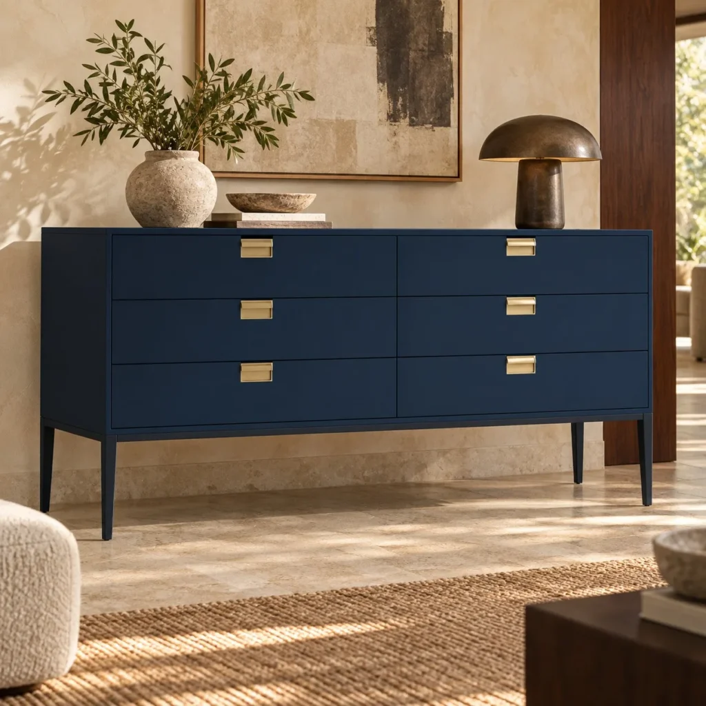 Navy Six-Drawer Sideboard with Brass Pulls on Metal Legs in blue — front view