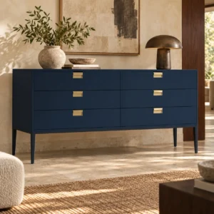 Navy Six-Drawer Sideboard with Brass Pulls on Metal Legs in blue — front view