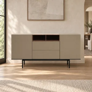 Taupe Lacquered Low Sideboard with Open Cubbies, 150 cm in sand — front view