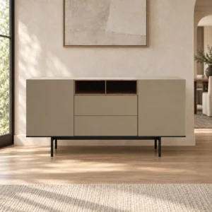 Taupe Lacquered Low Sideboard with Open Cubbies, 150 cm in sand — in a room setting