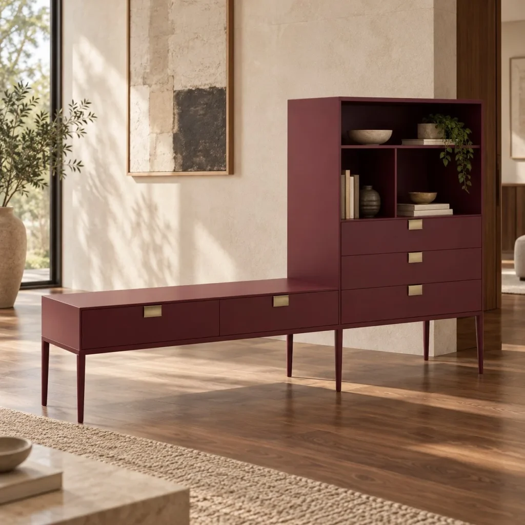 Burgundy Lacquered Stepped Sideboard with Open Shelves in burgundy — front view