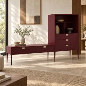 Burgundy Lacquered Stepped Sideboard with Open Shelves in burgundy — in a room setting